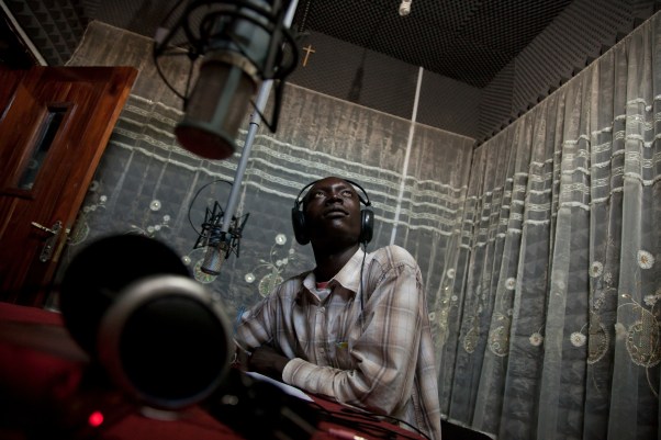 Radio Bakhita presenter Emmanuel Tombe (22) in the studio in Juba, South Sudan.
